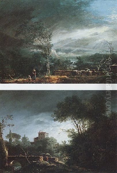 Southern Landscape With A Figure Crossing A Bridge At Dusk And Washerwomen Beneath A Lowering Sky Oil Painting by Jules Cesar Denis van Loo