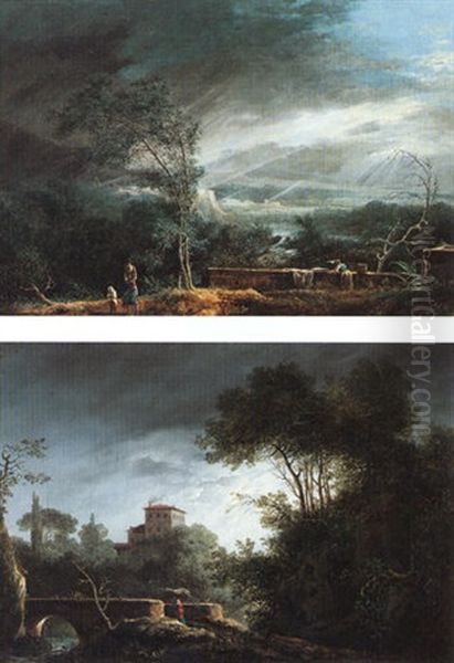 Southern Landscape With Washerwomen Beneath A Lowering Sky Oil Painting by Jules Cesar Denis van Loo