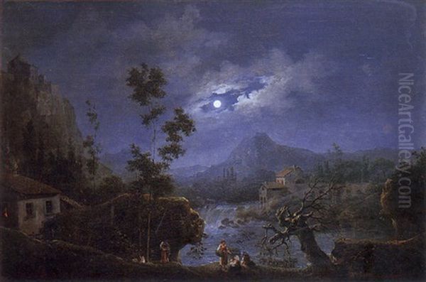 Paysage De Riviere Au Claire De Lune Oil Painting by Jules Cesar Denis van Loo