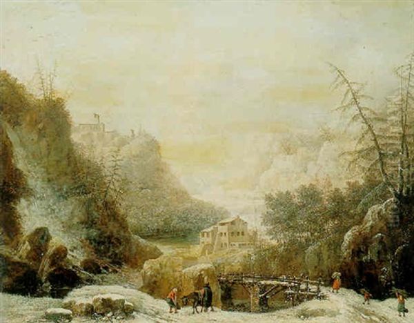 Winter Landscape With Peasants Crossing A Bridge Oil Painting by Jules Cesar Denis van Loo