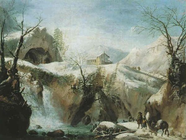 A Snowy Mountainous Winter Landscape With Travelers On A Path Beside A Waterfall Oil Painting by Jules Cesar Denis van Loo