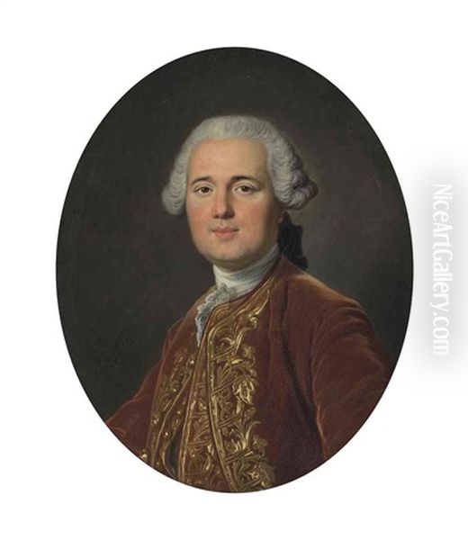 Portrait Of A Gentleman, Half Length, Wearing A Gold Embroidered Red Frock Coat Oil Painting by Louis Michel van Loo