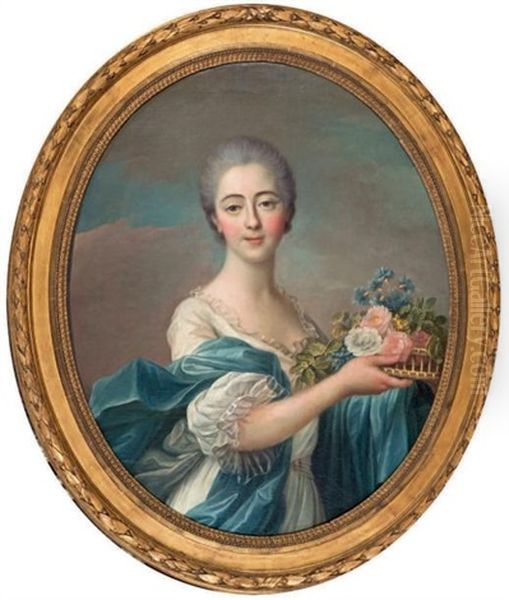 Portrait De Femme Tenant Un Panier De Fleurs Oil Painting by Louis Michel van Loo