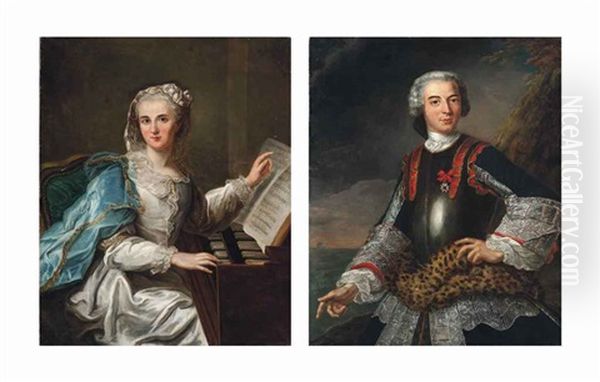 Portrait Of A Lady, Three-quarter-length, In A Lace-trimmed White Satin Dress And...; Portrait Of A Gentleman, Three-quarter-length, In Armour...(pair) Oil Painting by Louis Michel van Loo