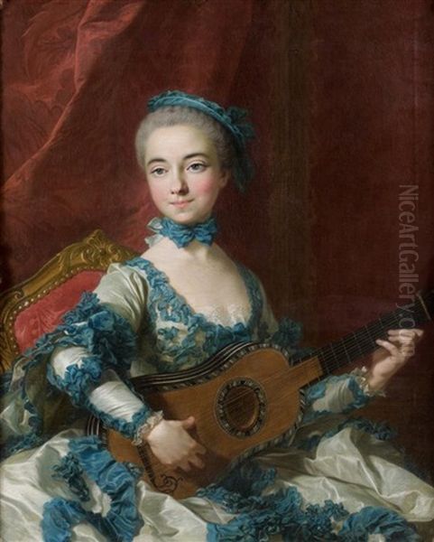 Portrait De Femme Jouant De La Guitare Oil Painting by Louis Michel van Loo