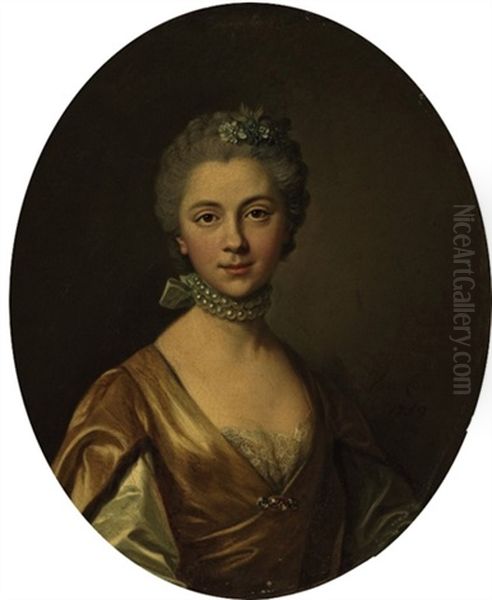 Portrait Of A Lady In A Golden Silk Dress Oil Painting by Louis Michel van Loo