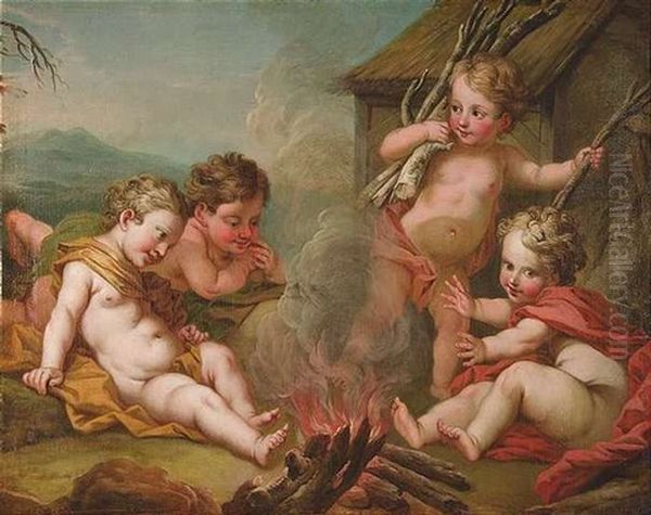 Vier Putten Warmen Sich An Einem Feuer: Allegorie Des Feuers Oil Painting by Louis Michel van Loo