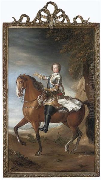 Portrait Of A Gentleman On Horseback, In Armour, An Extensive Landscape Beyond by Louis Michel van Loo