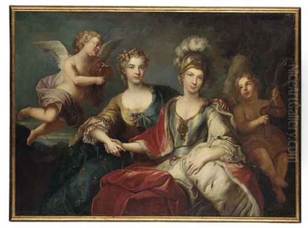 Allegorical Portrait Of Queen Marie Leczinska Of France And Marie-josephe Of Saxony, Dauphine Of France Oil Painting by Louis Michel van Loo