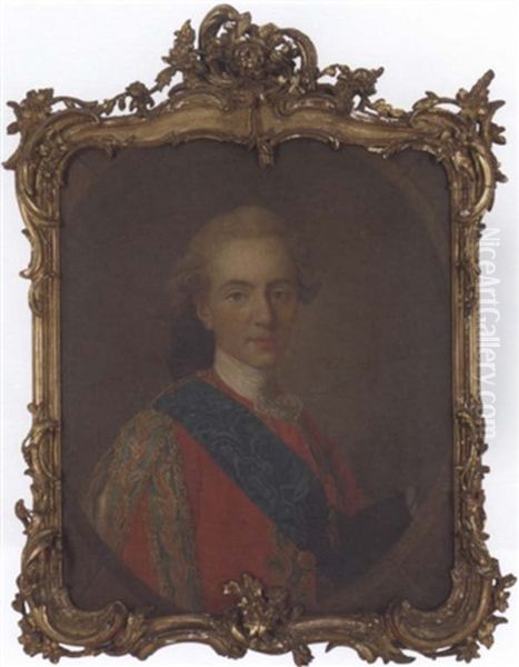 Portrait Of The Duc De Berry, Later King Louis Xvi Of France, In A Red Coat With Red, Gold And Blue Plaited Trimming, With The Sash Of The Order Of The Saint Esprit Oil Painting by Louis Michel van Loo