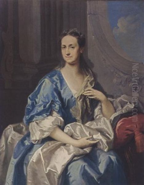 A Portrait Of A Lady (princess Of Hannover?) Wearing A Blue And White Dress, In An Architectural Setting Oil Painting by Louis Michel van Loo