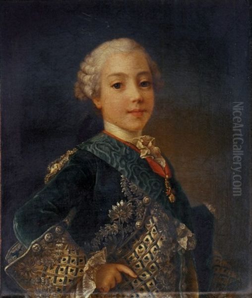 Portrait Of A Young Gentleman (comte D'artois, Later King Charles X Of France?), In A Blue Velvet Coat With The Sash Of The Order Of Saint Esprit And The Order Of The Golden Fleece Oil Painting by Louis Michel van Loo