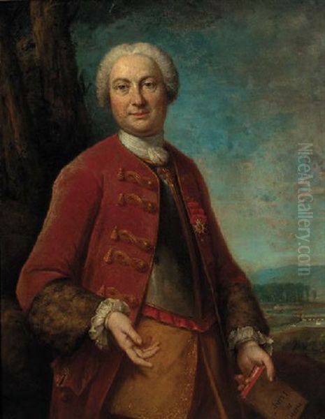 Portrait Of A Gentleman In A Red Coat And Holding A Book In His Left Hand Oil Painting by Louis Michel van Loo