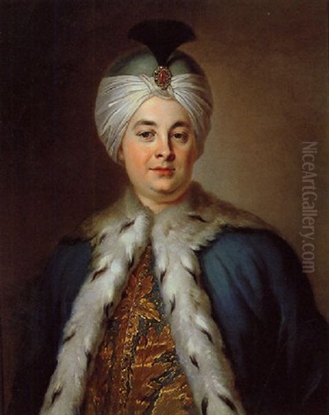 Portrait Of The Actor Lekain, In A Turkish Headdress Oil Painting by Louis Michel van Loo