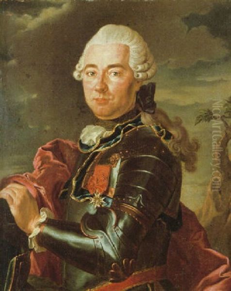 Portrait Of A Nobleman Wearing Armour And The Star Of The Order Of Saint Esprit, His Left Hand Resting On Helmet Oil Painting by Louis Michel van Loo