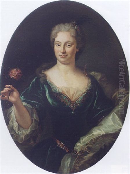 Portrait Of A Lady Wearing A Green Embroidered Dress, With An Ivory Mantle, Holding A Carnation Oil Painting by Louis Michel van Loo