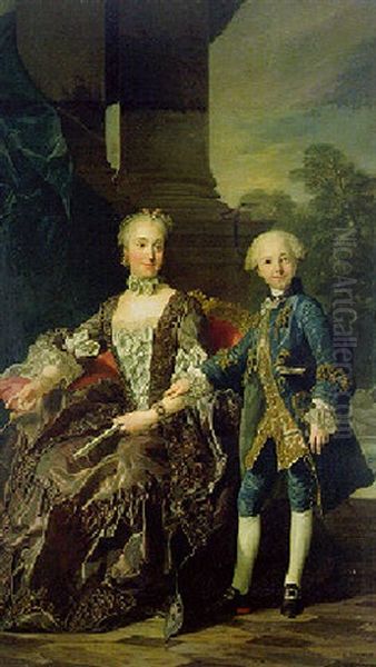 Portrait De La Duchesse De Choiseul Accompagnee De Son Fils Adoptif Claude Antoine Gabriel De Choiseul A L'age De Sept Ans Oil Painting by Louis Michel van Loo