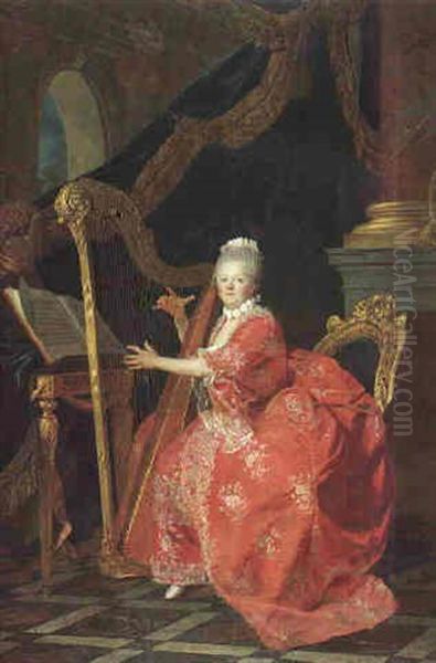 Portrait Of A Lady (madame Adelaide, Daughter Of Louis Xv?) Wearing A Pink Dress, Seated, Playing A Harp Oil Painting by Louis Michel van Loo