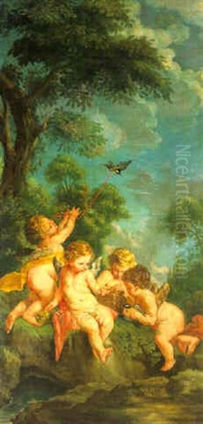 Groupe D'amours Jouant Avec Des Oiseaux Oil Painting by Louis Michel van Loo