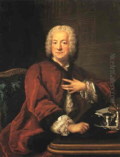 Portrait Of A Gentleman In A Fur-lined Red Coat Oil Painting by Louis Michel van Loo