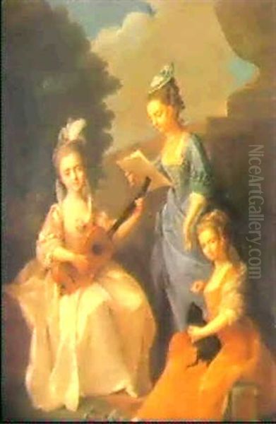 Portrait De Louise, Marguerite Et                           Catherine Roussel Dans Un Parc Oil Painting by Louis Michel van Loo