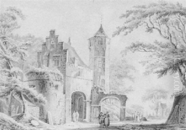 A Partially Ruined Castle Gathehouse, With A Tower Behind Oil Painting by Pieter van Loo