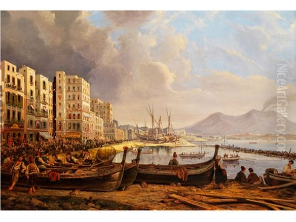 Die Marinella-kuste In Napoli Mit Hoher Hauserzeile Links Am Ufer, Rechs Ginten Der Rauchende Vesuv, Im Vordergrund Ans Ufer Gezogene Fischerboote Oil Painting by Pieter Van Loon