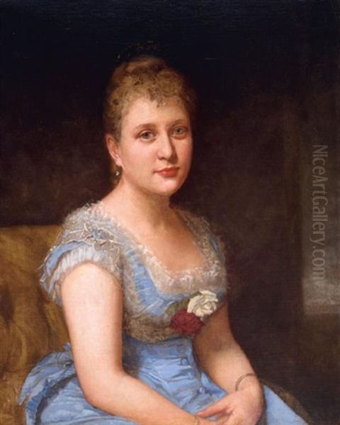 Portrait Of A Woman Wearing A Blue Dress With White Lace Oil Painting by Jeannette Shepperd Harrison (Mrs. Henry) Loop