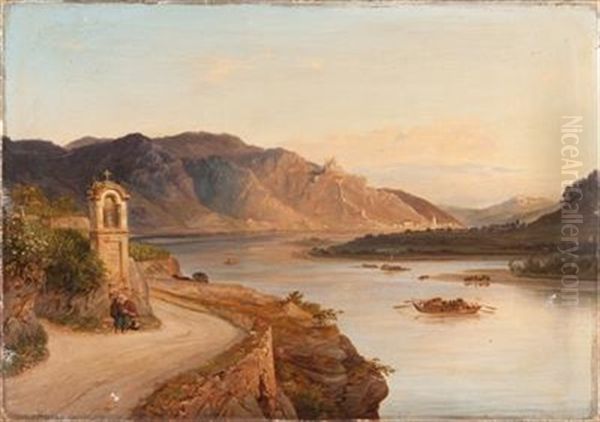 Donaulandschaft Mit Blick Nach Durnstein, Der Ruine Durnstein Und Dem Stift Gottweig Oil Painting by Friedrich Loos