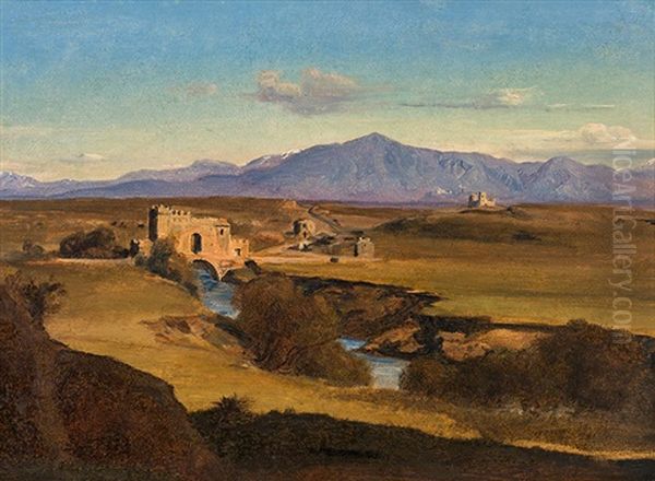 Ponte Nomentano Across The Aniene, In The Northeast Of Rome Oil Painting by Friedrich Loos