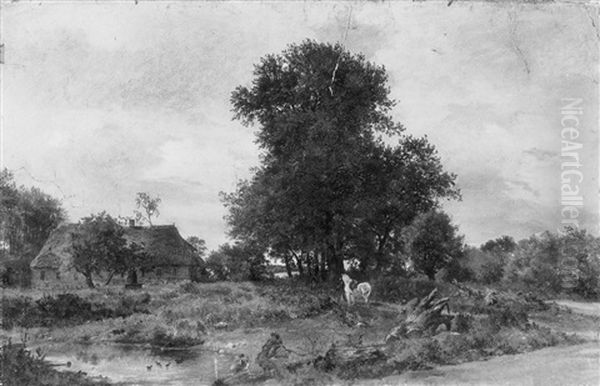 Heidehof Mit Einem Abgessenen Reiter Neben Einem Schimmel Oil Painting by Friedrich Loos