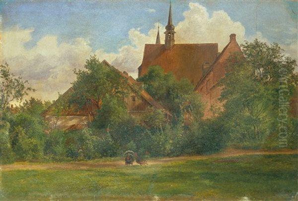 Zwei Truthahne Auf Einer Wiese Vor Einem Kloster Oil Painting by Friedrich Loos