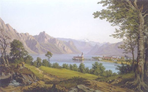 Blick Auf Den Traunsee Mit Schlos Im Salzkammergut Oil Painting by Friedrich Loos