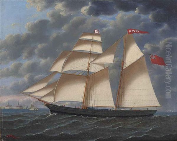 The Brigantine Raven In Full Sail Off A Northern European Port Oil Painting by John Frederick Loos