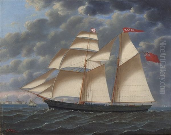 The Brigantine Raven In Full Sail Off A Northern European Port Oil Painting by John Frederick Loos