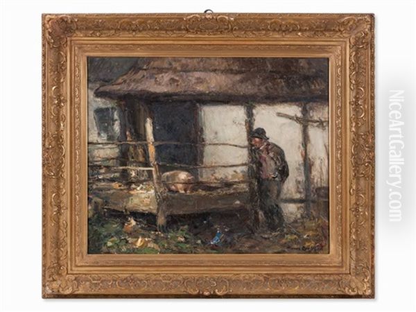 Farmer In Barn Oil Painting by Hans Looschen