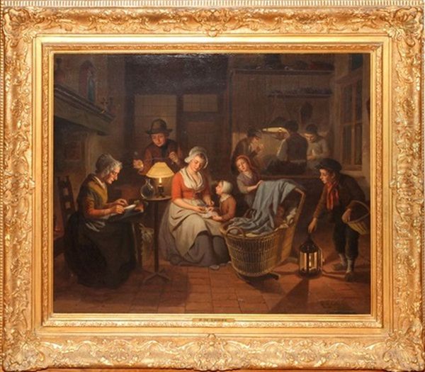 Interior With Family Oil Painting by Basile De Loose