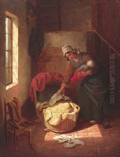 Mutter Mit Ihrem Saugling An Der Wiege Oil Painting by Basile De Loose