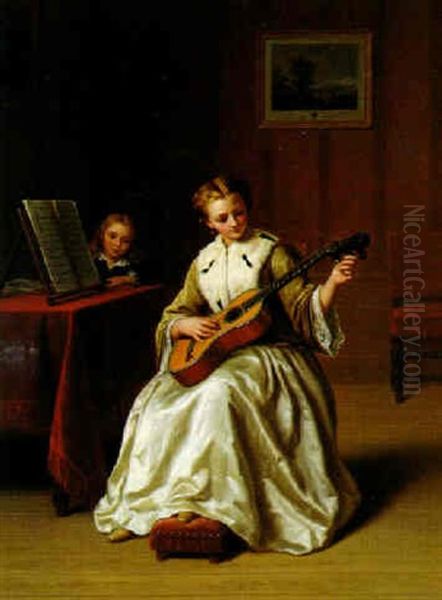 Tuning The Guitar Oil Painting by Basile De Loose