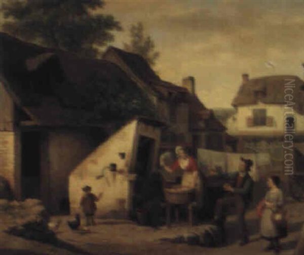 A Farmyard Scene Oil Painting by Basile De Loose