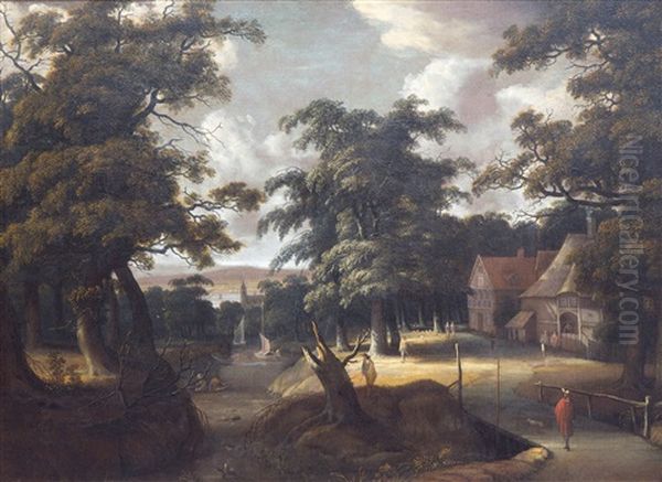 Travellers In A Forest With An Inn Near A Village Oil Painting by Jan Looten