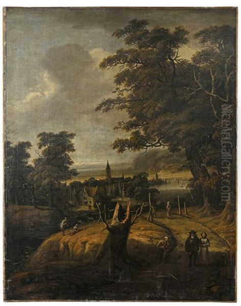 Wooded Landscape With Figures, A Village By A Lake In The Background Oil Painting by Jan Looten