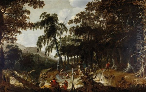 A Wooded Landscape With Travellers Oil Painting by Jan Looten