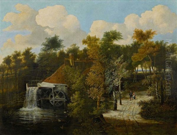 Watermill With Figures Walking On A Path Oil Painting by Jan Looten