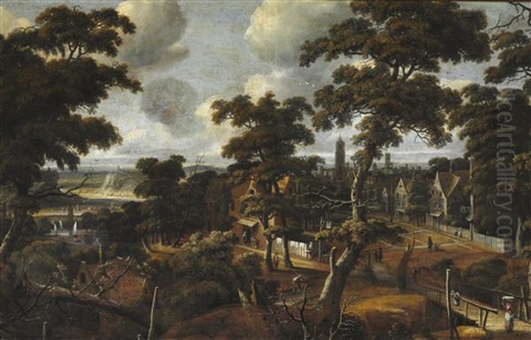 A View Of A Dutch Village In A Forest Landscape Oil Painting by Jan Looten