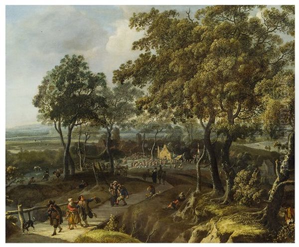 Wooded Landscape With Village Fair Oil Painting by Jan Looten