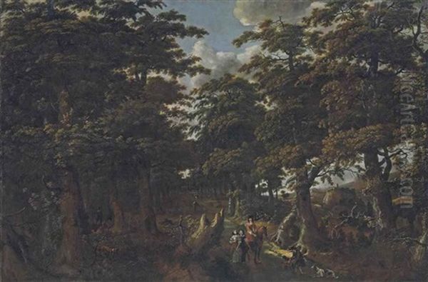 A Wooded Landscape With A Gentleman On Horseback, Two Elegantly Dressed Ladies And A Huntsman With His Dogs On A Path Oil Painting by Jan Looten