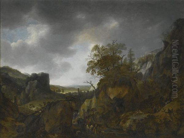 A Mountainous Landscape With Shepherds And Huntsmen Oil Painting by Jan Looten