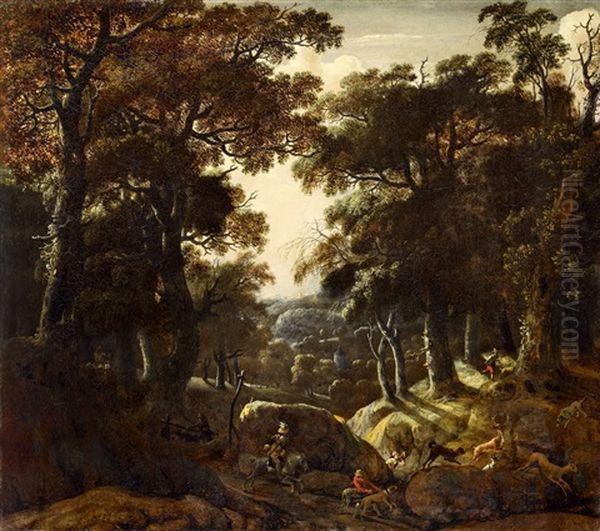 Landscape With Hunters Oil Painting by Jan Looten