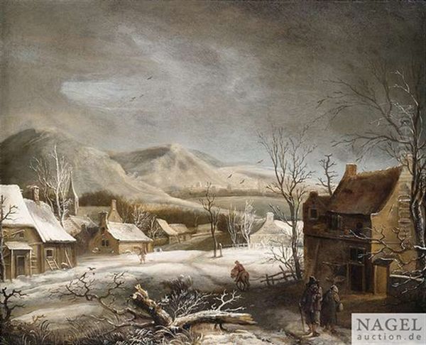 Winterliche Dorfstrase Oil Painting by Jan Looten